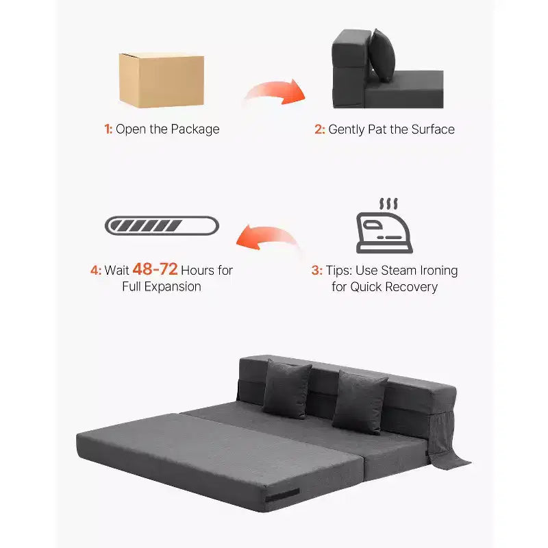 Folding Sofa Bed, 3-in-1 Foldable Couch Bed with 2 Pillows and Washable Cover, High Density Memory Foam Sleeper Chair Bed, Dark Grey (Queen)