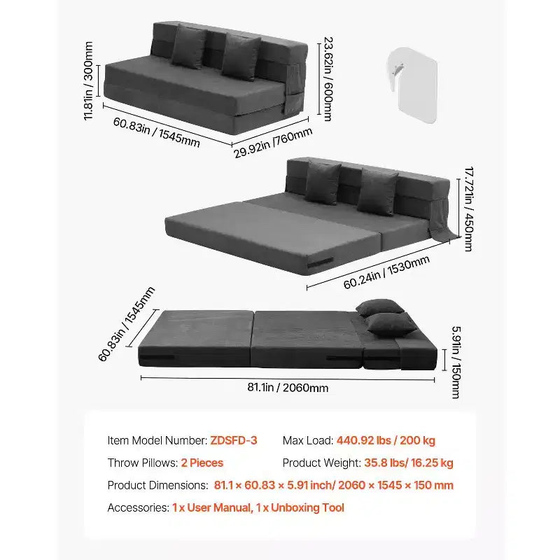 Folding Sofa Bed, 3-in-1 Foldable Couch Bed with 2 Pillows and Washable Cover, High Density Memory Foam Sleeper Chair Bed, Dark Grey (Queen)