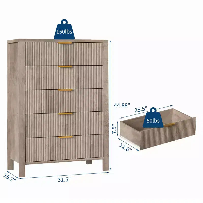 5-Drawer Dresser for Bedroom, Tall Narrow Modern Chest of Drawers, Wooden Storage Cabinet or Nightstand for Small Spaces