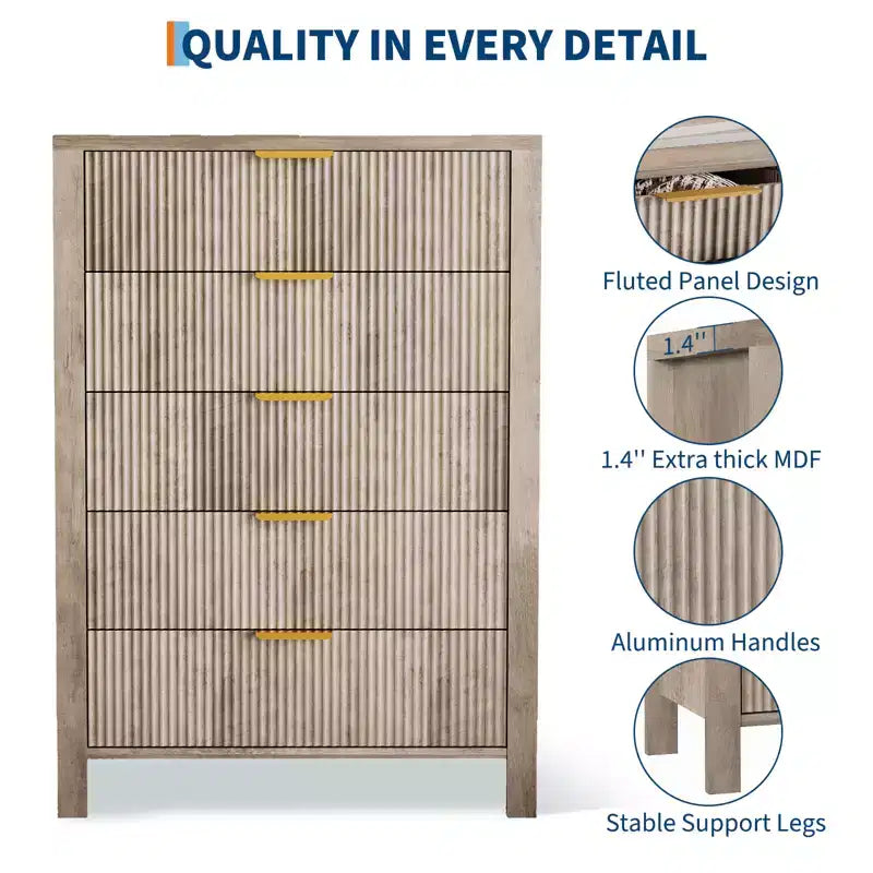 5-Drawer Dresser for Bedroom, Tall Narrow Modern Chest of Drawers, Wooden Storage Cabinet or Nightstand for Small Spaces