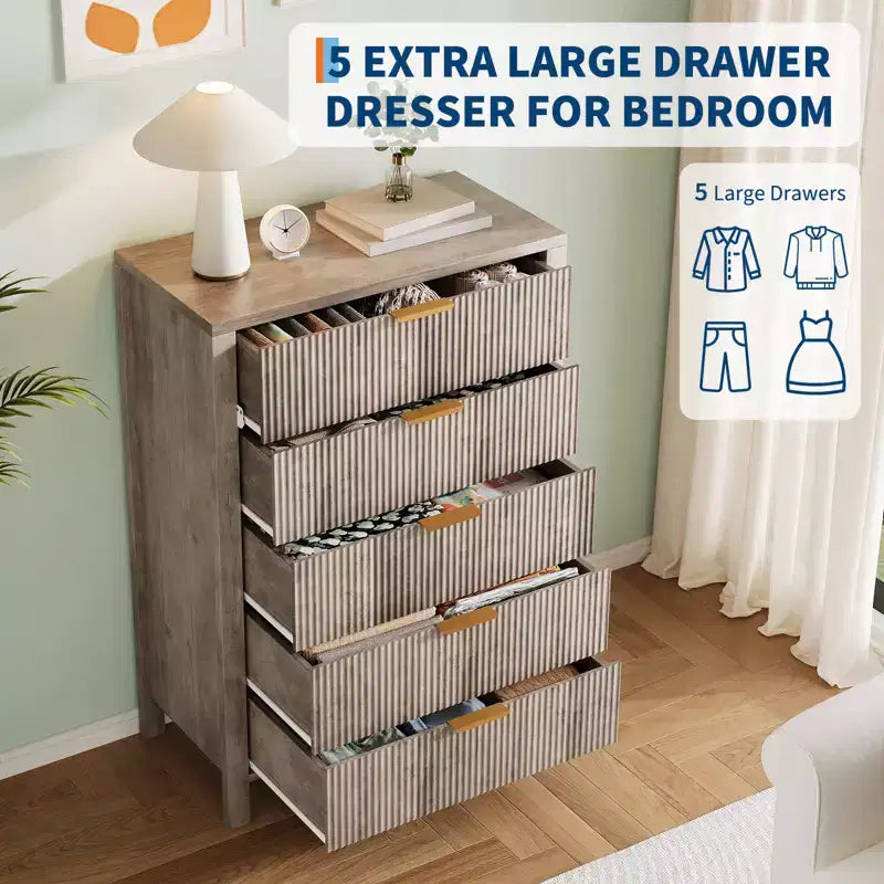 5-Drawer Dresser for Bedroom, Tall Narrow Modern Chest of Drawers, Wooden Storage Cabinet or Nightstand for Small Spaces