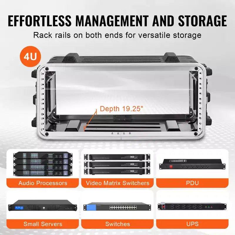 4U Rack Case, Standard 19 in Depth, Server Rack Cabinet with ABS Construction Handle Heavy-Duty Twist Butterfly Latches, Black