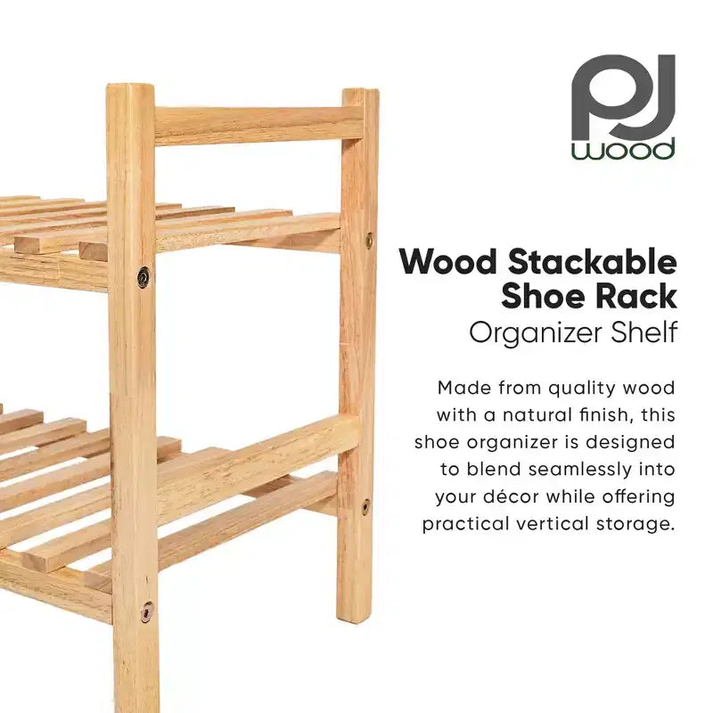 Stackable Wooden Shoe Rack Organizer for Closet & Entryway, 6 Pair Capacity, Natural