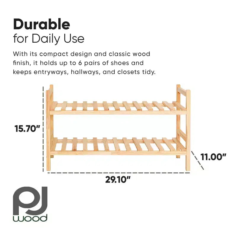 Stackable Wooden Shoe Rack Organizer for Closet & Entryway, 6 Pair Capacity, Natural