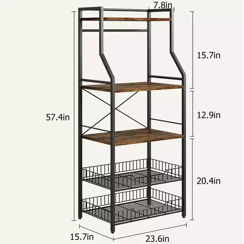 Rustic Microwave Stand, 5-Tier Storage Rack with Adjustable Feet and Anti-Tip Kit, Engineered Wood