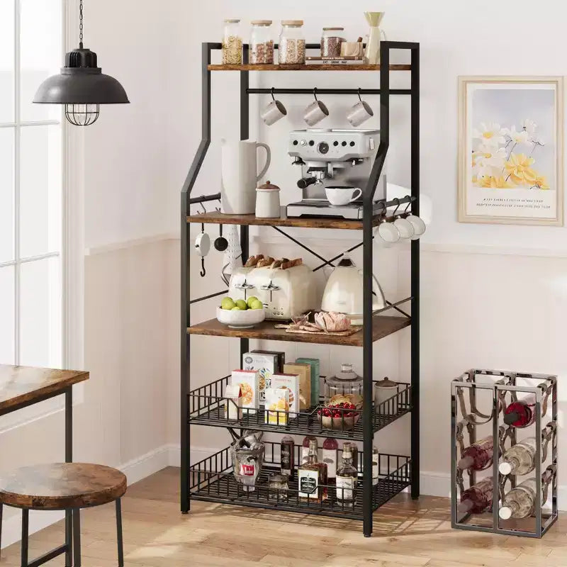 Rustic Microwave Stand, 5-Tier Storage Rack with Adjustable Feet and Anti-Tip Kit, Engineered Wood