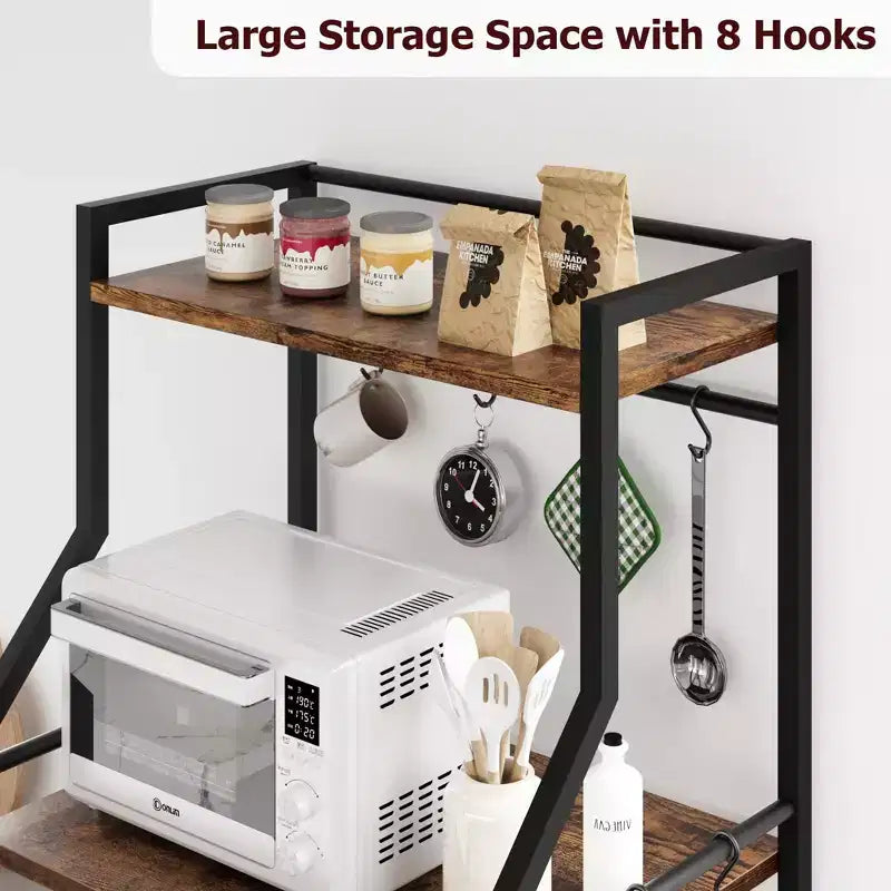 Rustic Microwave Stand, 5-Tier Storage Rack with Adjustable Feet and Anti-Tip Kit, Engineered Wood