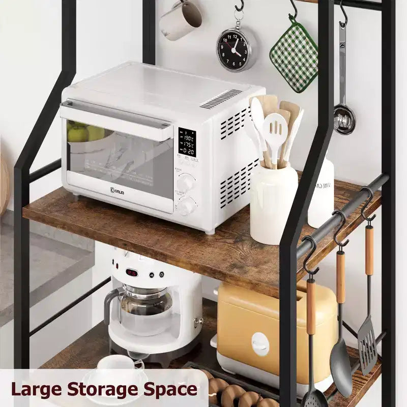Rustic Microwave Stand, 5-Tier Storage Rack with Adjustable Feet and Anti-Tip Kit, Engineered Wood