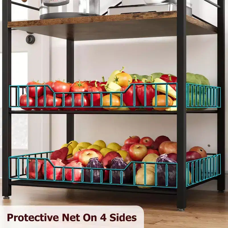 Rustic Microwave Stand, 5-Tier Storage Rack with Adjustable Feet and Anti-Tip Kit, Engineered Wood