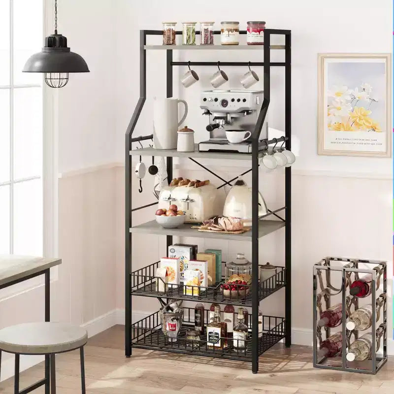 Rustic Microwave Stand, 5-Tier Storage Rack with Adjustable Feet and Anti-Tip Kit, Engineered Wood