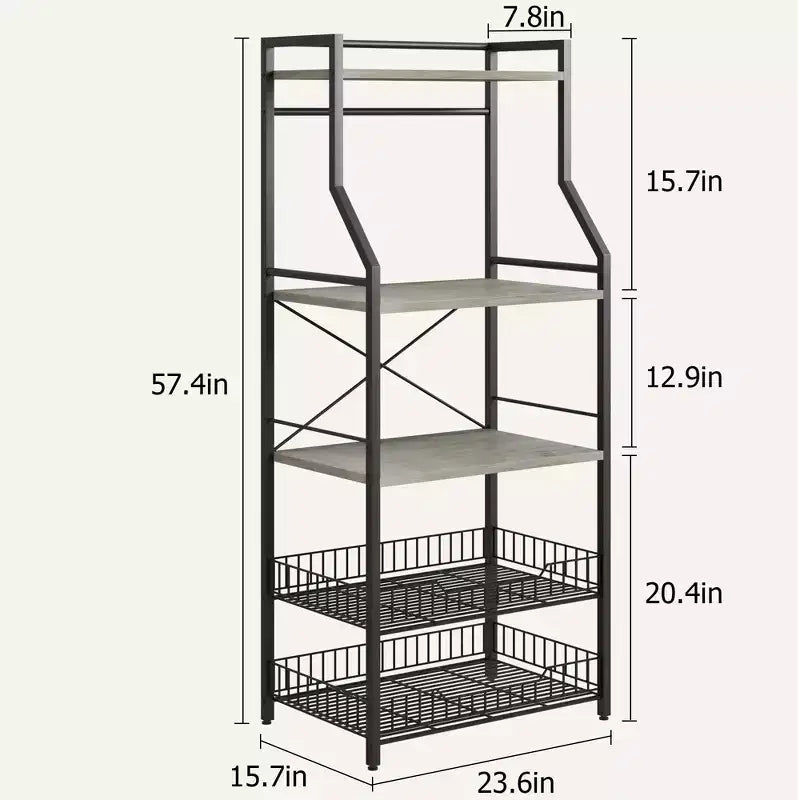 Rustic Microwave Stand, 5-Tier Storage Rack with Adjustable Feet and Anti-Tip Kit, Engineered Wood