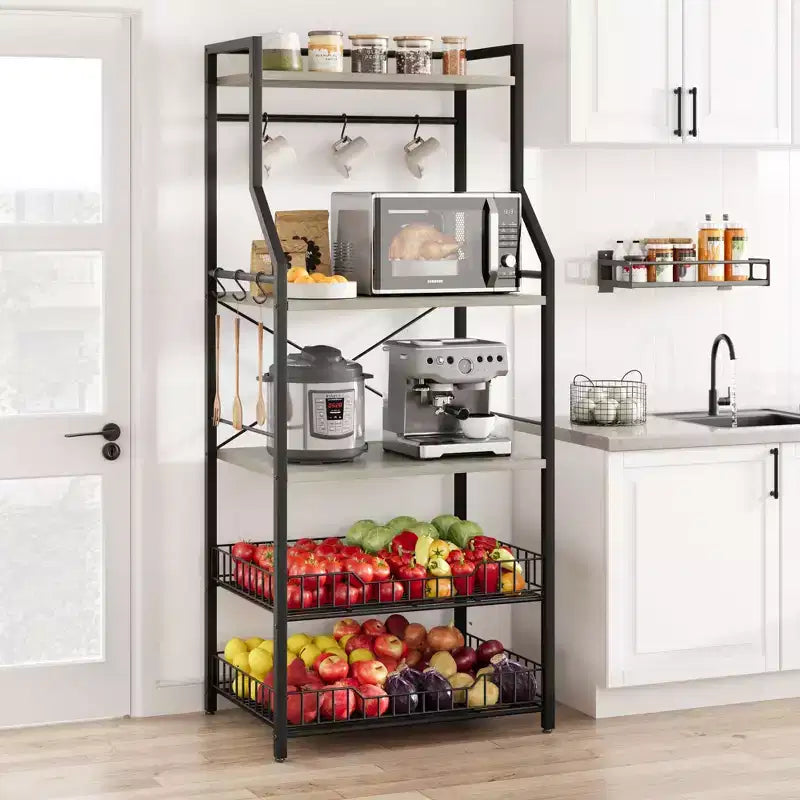 Rustic Microwave Stand, 5-Tier Storage Rack with Adjustable Feet and Anti-Tip Kit, Engineered Wood
