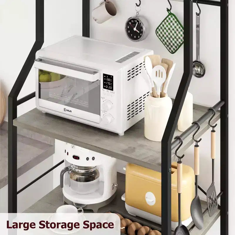 Rustic Microwave Stand, 5-Tier Storage Rack with Adjustable Feet and Anti-Tip Kit, Engineered Wood
