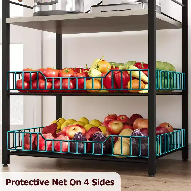Rustic Microwave Stand, 5-Tier Storage Rack with Adjustable Feet and Anti-Tip Kit, Engineered Wood
