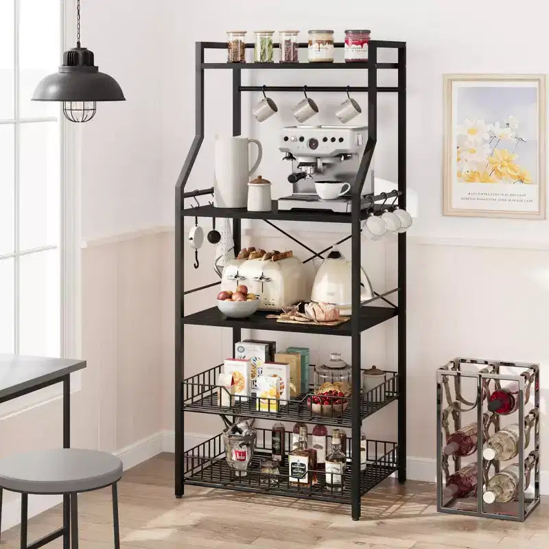 Rustic Microwave Stand, 5-Tier Storage Rack with Adjustable Feet and Anti-Tip Kit, Engineered Wood
