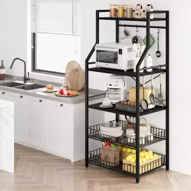 Rustic Microwave Stand, 5-Tier Storage Rack with Adjustable Feet and Anti-Tip Kit, Engineered Wood