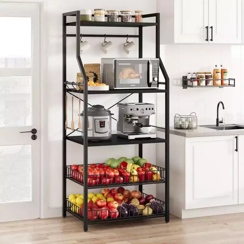 Rustic Microwave Stand, 5-Tier Storage Rack with Adjustable Feet and Anti-Tip Kit, Engineered Wood