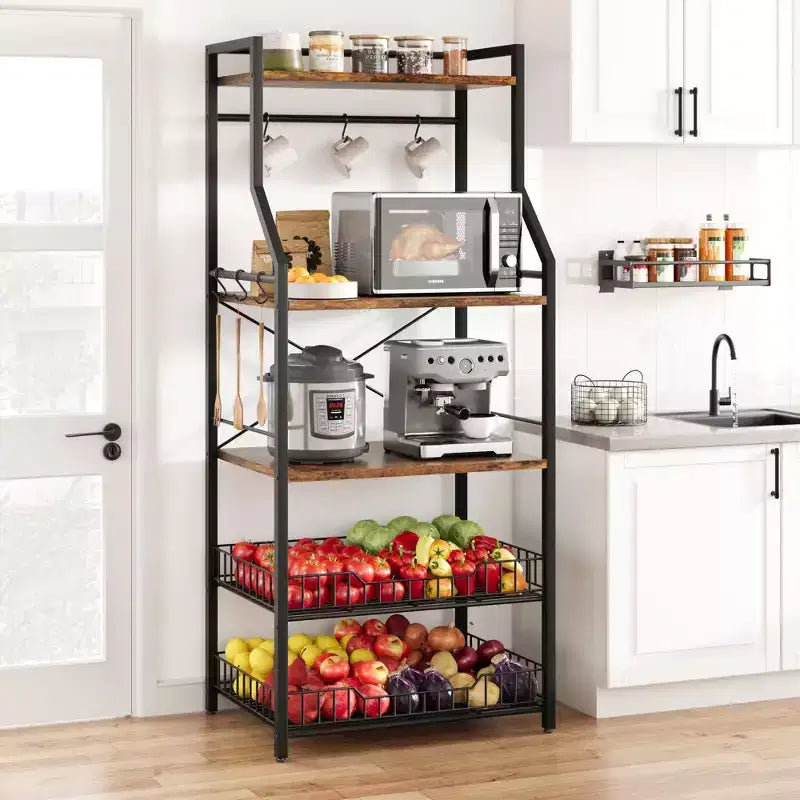 Rustic Microwave Stand, 5-Tier Storage Rack with Adjustable Feet and Anti-Tip Kit, Engineered Wood