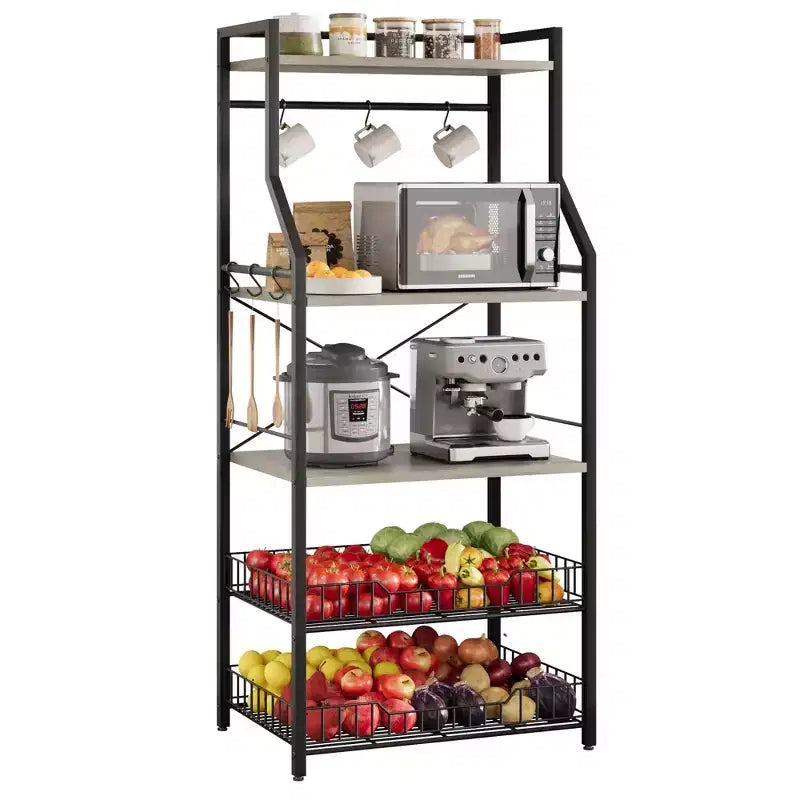 Rustic Microwave Stand, 5-Tier Storage Rack with Adjustable Feet and Anti-Tip Kit, Engineered Wood