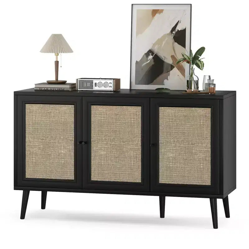 PexFix Sideboard Buffet Cabinet Kitchen Cabinet with 3 Rattan Doors and Adjustable Shelves