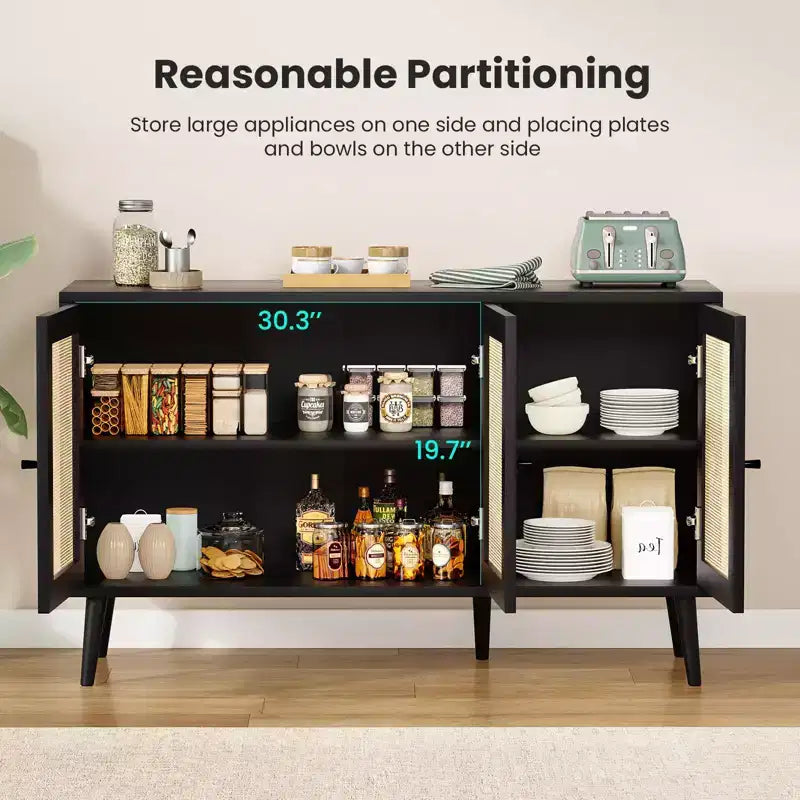 Sideboard Buffet Cabinet Kitchen Cabinet with 3 Rattan Doors and Adjustable Shelves