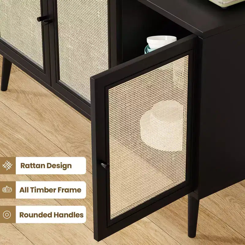 Sideboard Buffet Cabinet Kitchen Cabinet with 3 Rattan Doors and Adjustable Shelves