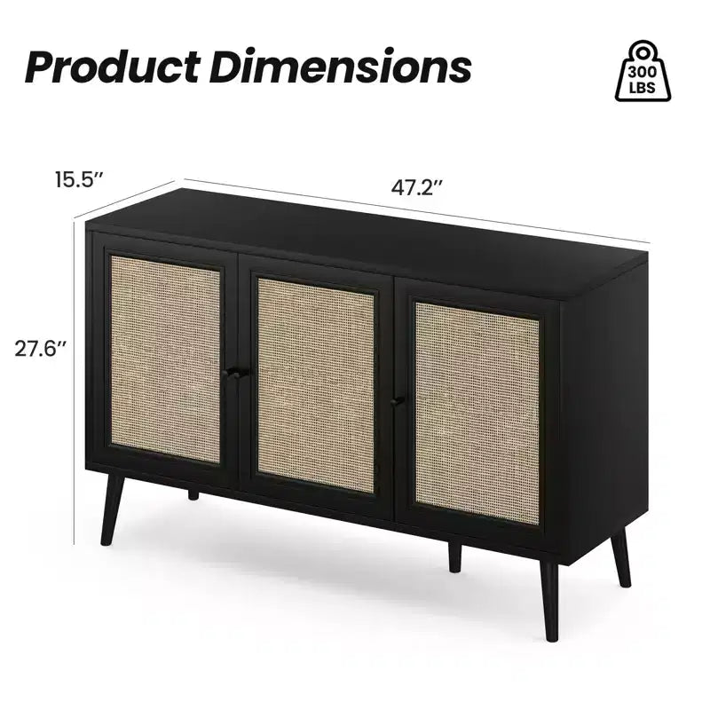 Sideboard Buffet Cabinet Kitchen Cabinet with 3 Rattan Doors and Adjustable Shelves