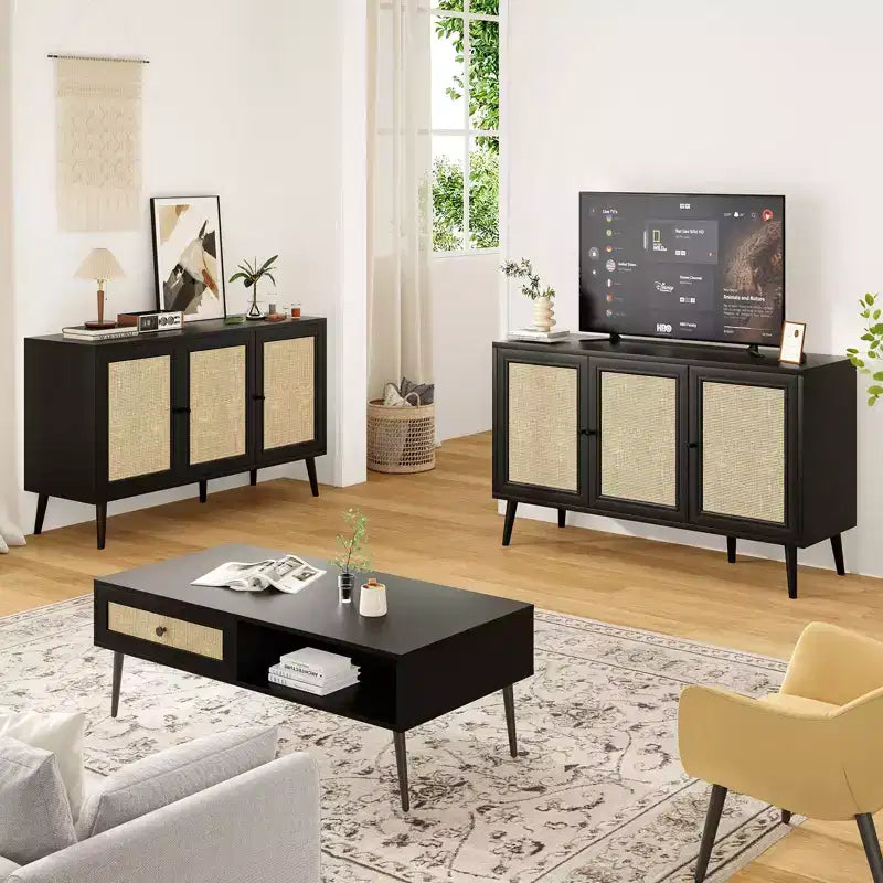 Sideboard Buffet Cabinet Kitchen Cabinet with 3 Rattan Doors and Adjustable Shelves