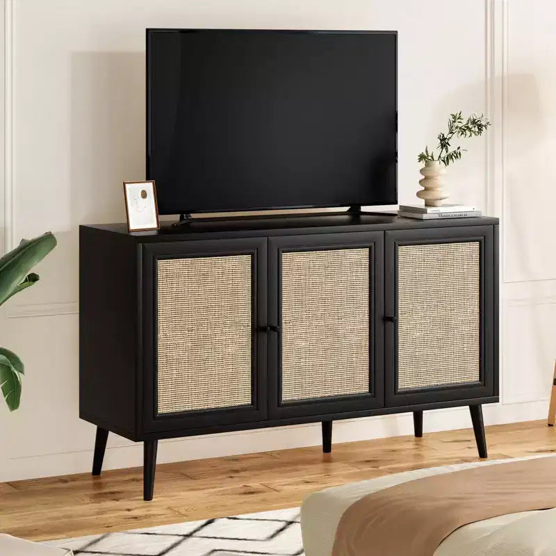 Sideboard Buffet Cabinet Kitchen Cabinet with 3 Rattan Doors and Adjustable Shelves