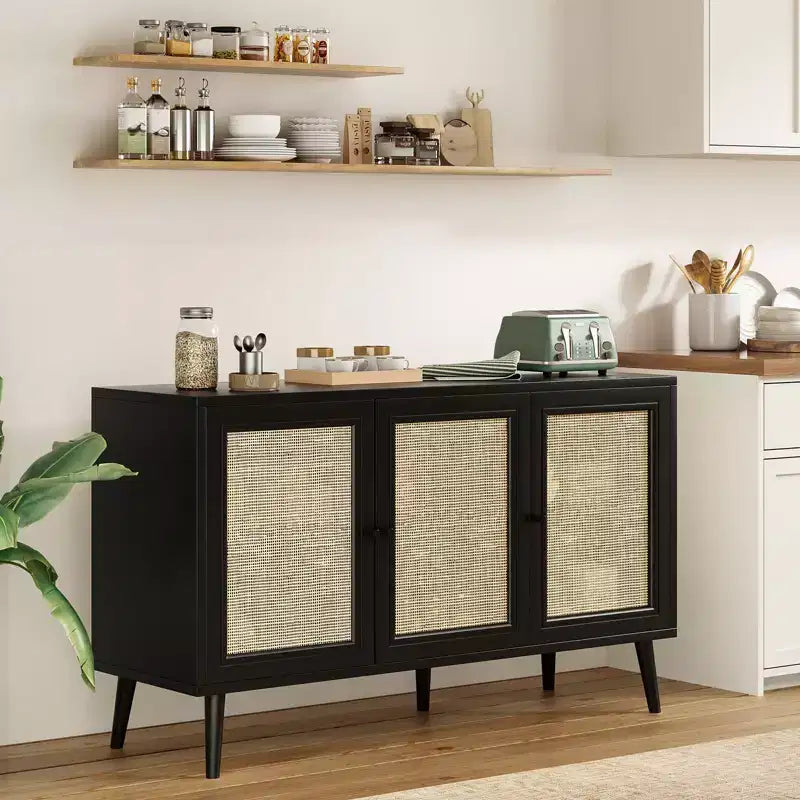 Sideboard Buffet Cabinet Kitchen Cabinet with 3 Rattan Doors and Adjustable Shelves