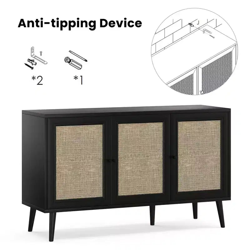 Sideboard Buffet Cabinet Kitchen Cabinet with 3 Rattan Doors and Adjustable Shelves