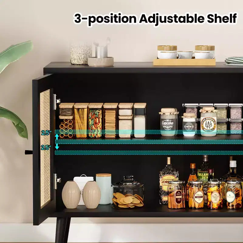 Sideboard Buffet Cabinet Kitchen Cabinet with 3 Rattan Doors and Adjustable Shelves