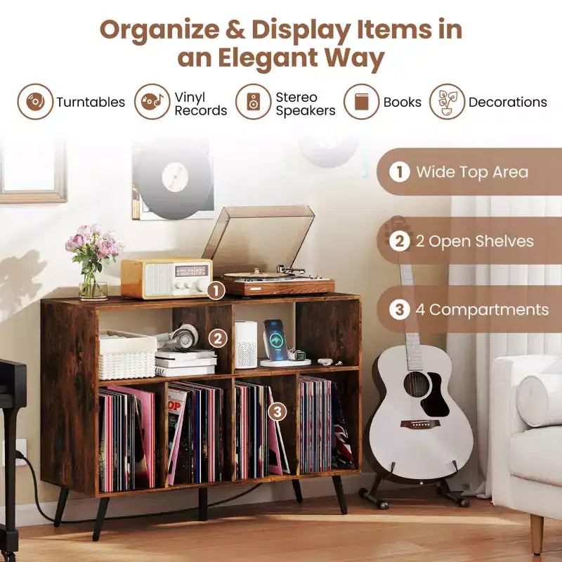 Record Player Stand with Charging Station, Open Shelves & Compartments, Raised Legs