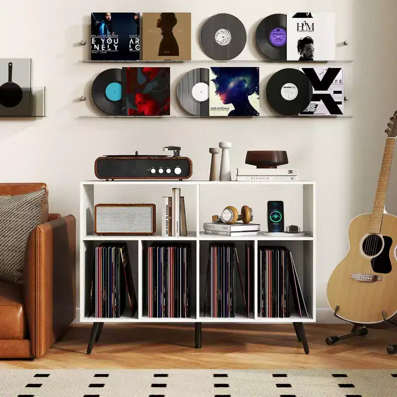 Record Player Stand with Charging Station, Open Shelves & Compartments, Raised Legs