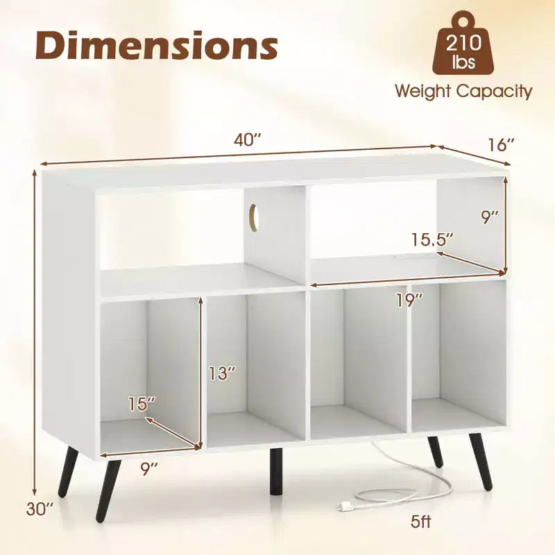 Record Player Stand with Charging Station, Open Shelves & Compartments, Raised Legs
