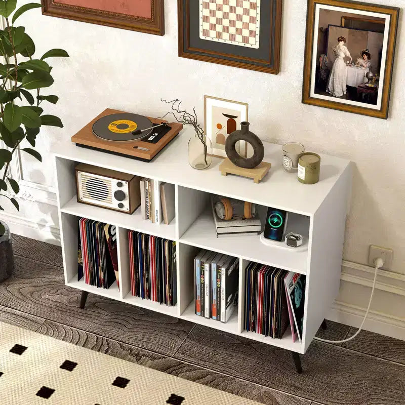 Record Player Stand with Charging Station, Open Shelves & Compartments, Raised Legs