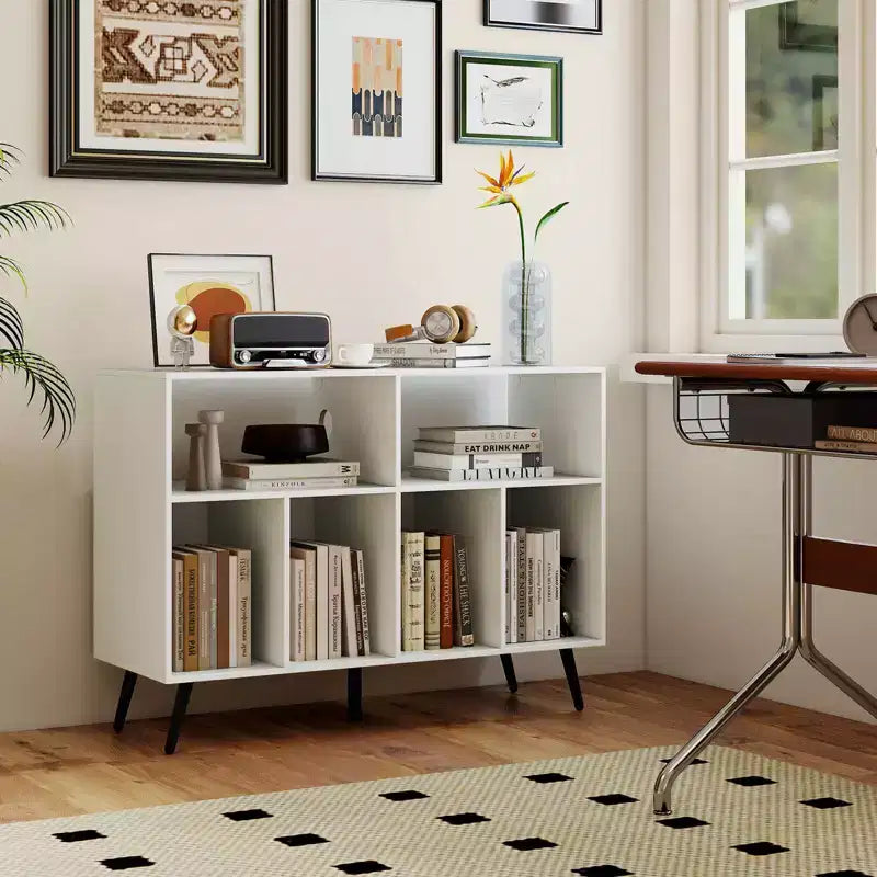 Record Player Stand with Charging Station, Open Shelves & Compartments, Raised Legs