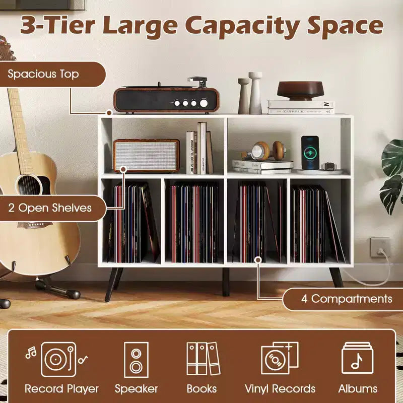 Record Player Stand with Charging Station, Open Shelves & Compartments, Raised Legs