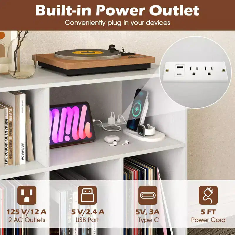 Record Player Stand with Charging Station, Open Shelves & Compartments, Raised Legs