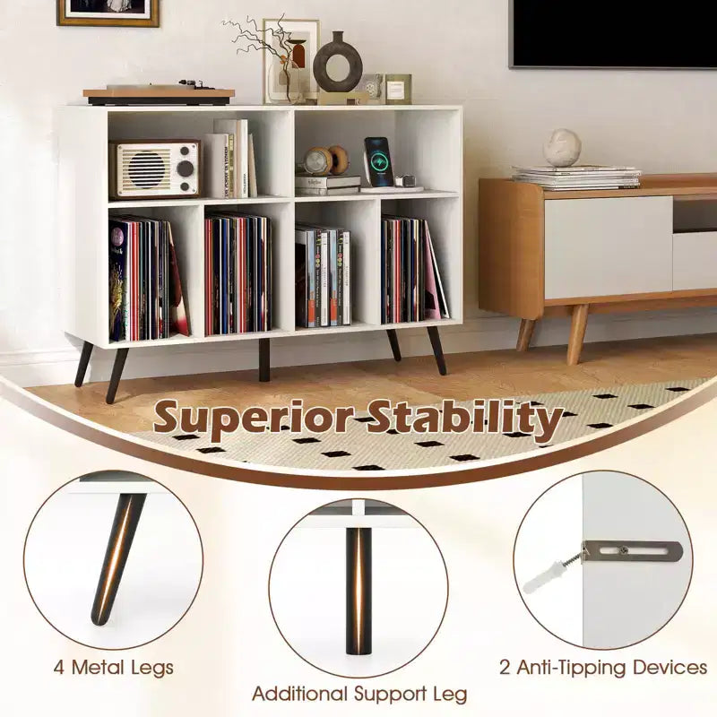 Record Player Stand with Charging Station, Open Shelves & Compartments, Raised Legs