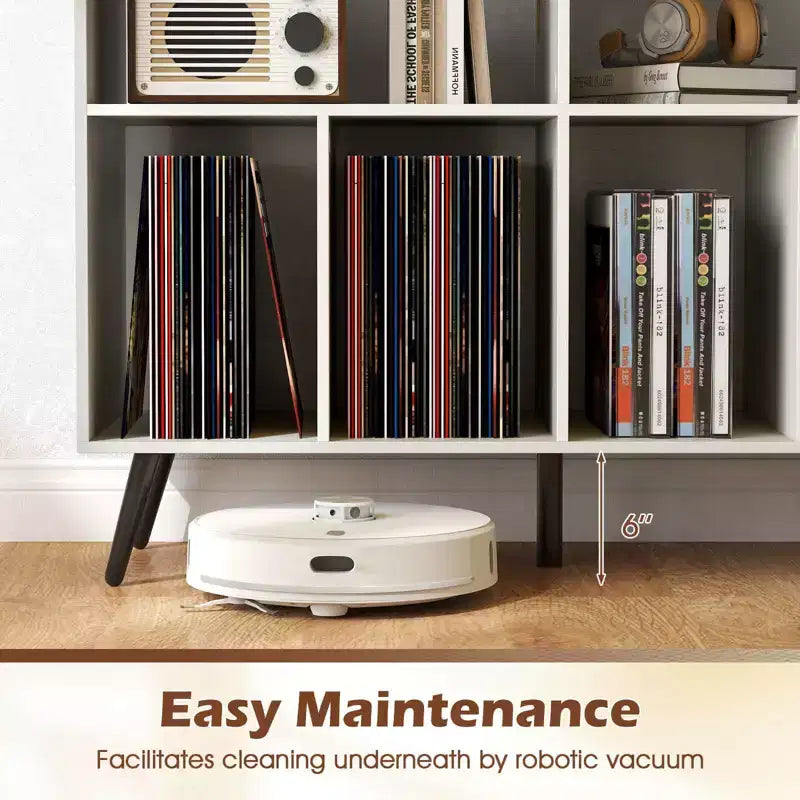 Record Player Stand with Charging Station, Open Shelves & Compartments, Raised Legs