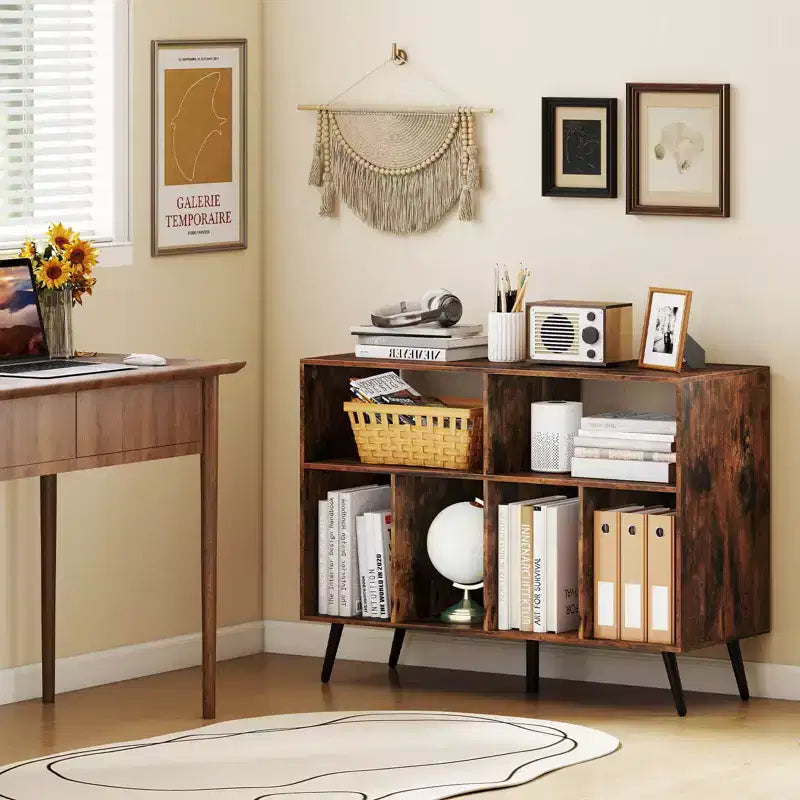 Record Player Stand with Charging Station, Open Shelves & Compartments, Raised Legs