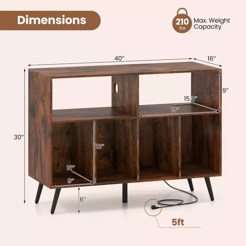 Record Player Stand with Charging Station, Open Shelves & Compartments, Raised Legs