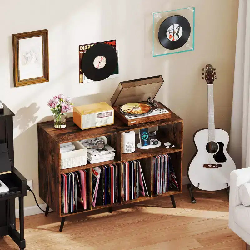 Record Player Stand with Charging Station, Open Shelves & Compartments, Raised Legs