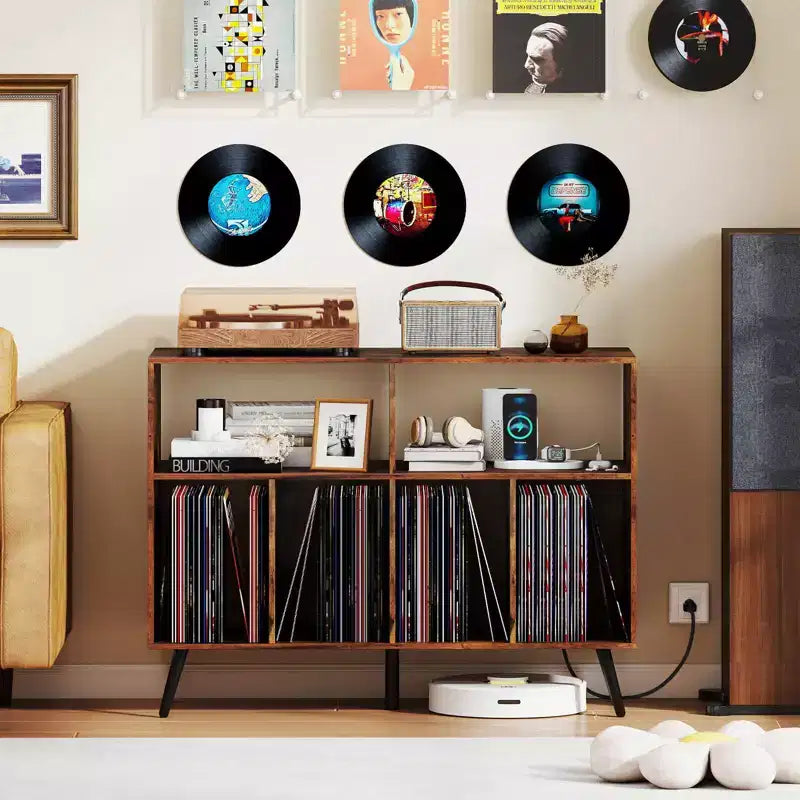 Record Player Stand with Charging Station, Open Shelves & Compartments, Raised Legs