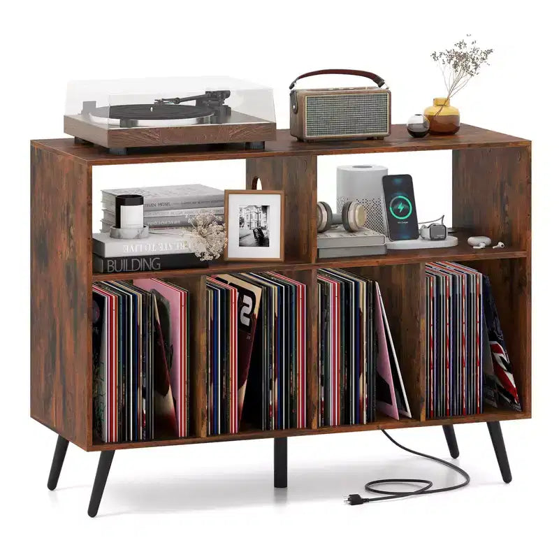 Record Player Stand with Charging Station, Open Shelves & Compartments, Raised Legs