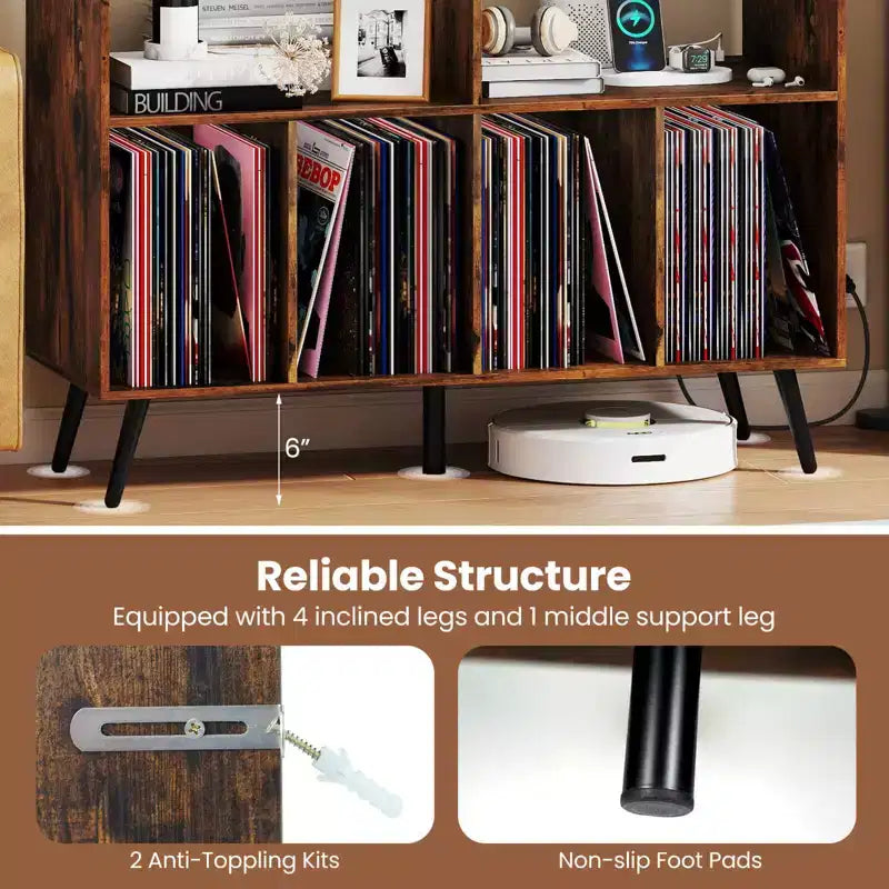Record Player Stand with Charging Station, Open Shelves & Compartments, Raised Legs