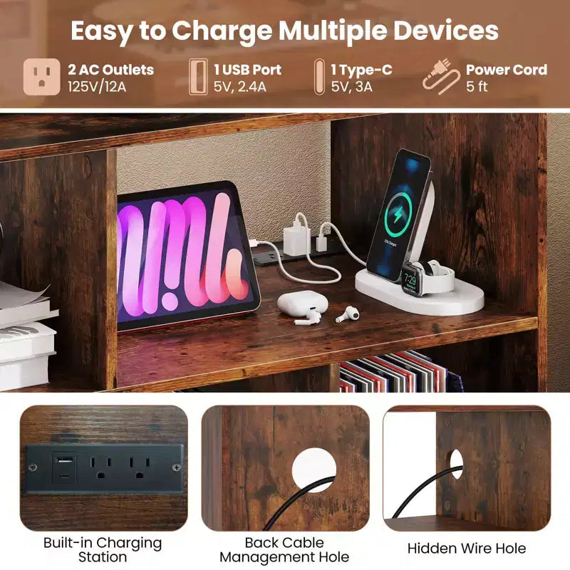 Record Player Stand with Charging Station, Open Shelves & Compartments, Raised Legs