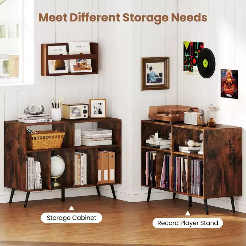 Record Player Stand with Charging Station, Open Shelves & Compartments, Raised Legs