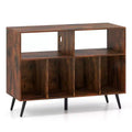 Costway Record Player Stand with Charging Station Open Shelves & Compartments Raised Legs Brown/White